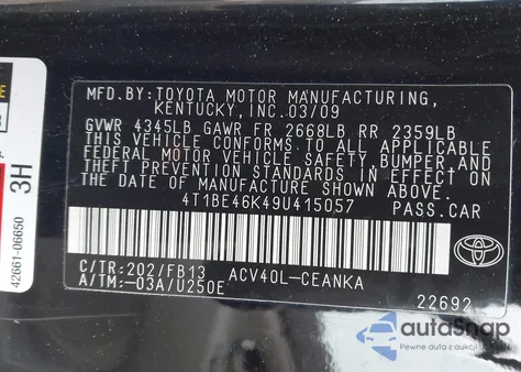 2009 Toyota Camry Le z USA, uszkodzony, nr VIN 4T1BE46K49U415057